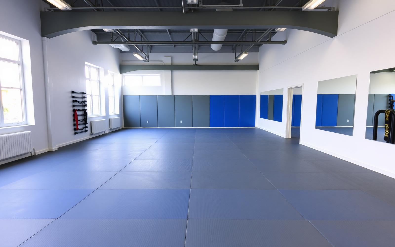 Open mat training floor with wall padding, mirrors and a belt rack under high windows