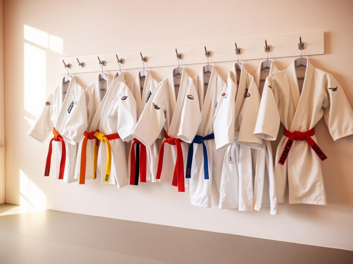 Row of youth-size white jiu-jitsu uniforms hanging on wall hooks with colored kids belts